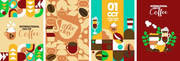 1 October International coffee day geometric poster background invitation vector collection