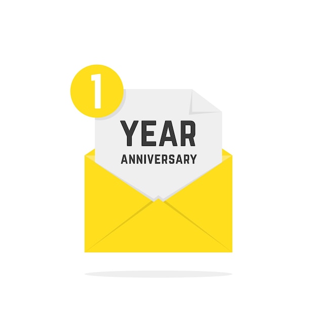 1 year anniversary icon in yellow letter. concept of festive text, inbox, fun, notice, memorial, certificate, success, email, sms. flat style modern logotype graphic poster design on white background