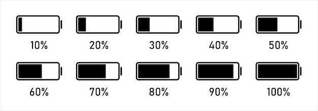 10 to 100 percentage infographics full battery charge energy level progress growth power vector sign