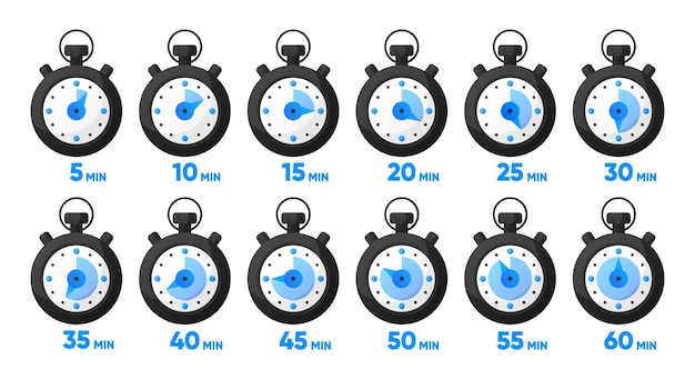 10 15 20 25 30 35 40 45 50 min Timer clock stopwatch isolated set icons Kitchen timer icon