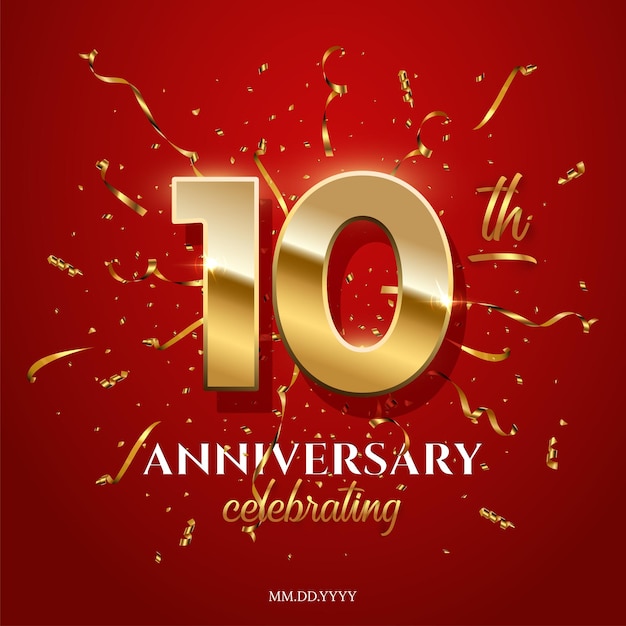 10 golden numbers and Anniversary Celebrating text with golden and confetti on red background