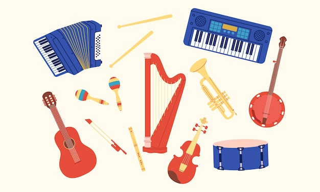 10 musical instruments Set of vector musical elements in flat style