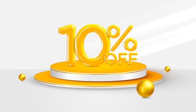 10 percent Off. 3d Ten percent bonus symbol on a podium stage. Sale banner or poster design. Vector