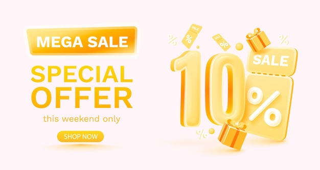 10 percent Special offer mega sale, Check and gift box. Sale banner and poster. Vector illustration.