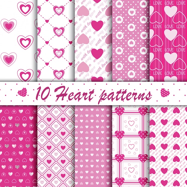 10 Pink heart shape seamless patterns collection