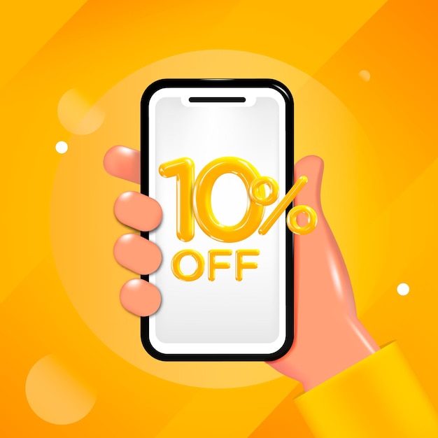 10 or ten percent off design. Hand holding a mobile phone with an offer message. Special discount