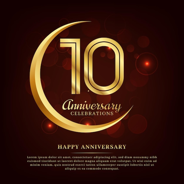 10 years anniversary with golden moon and red shiny background added with text for congratulations words