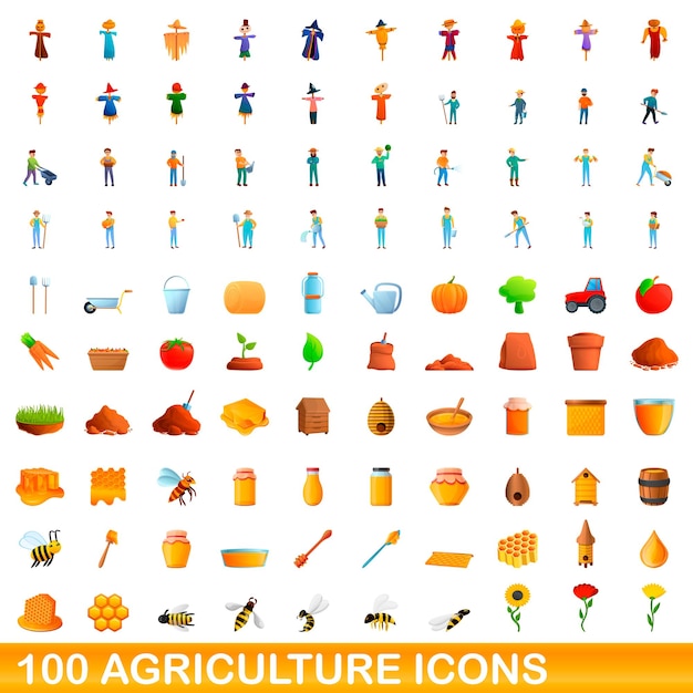 100 agriculture icons set. Cartoon illustration of 100 agriculture icons  set isolated on white background