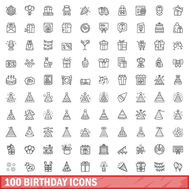 100 birthday icons set outline style