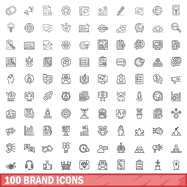 100 brand icons set outline style