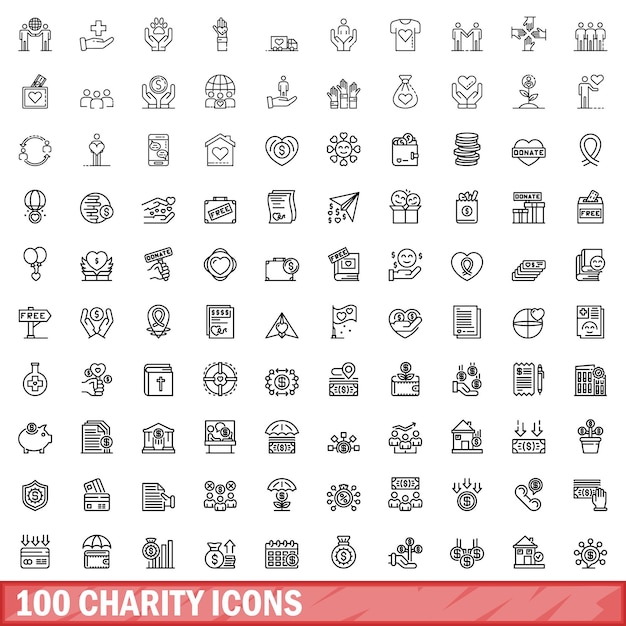 100 charity icons set outline style