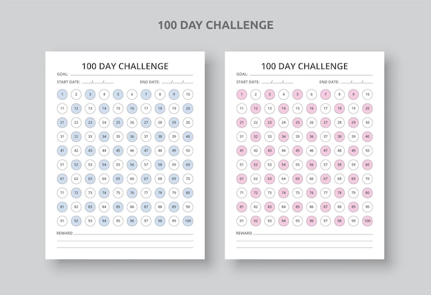 100 Days Challenge Planner Sheets with Goal, 100 Days Habit Tracker