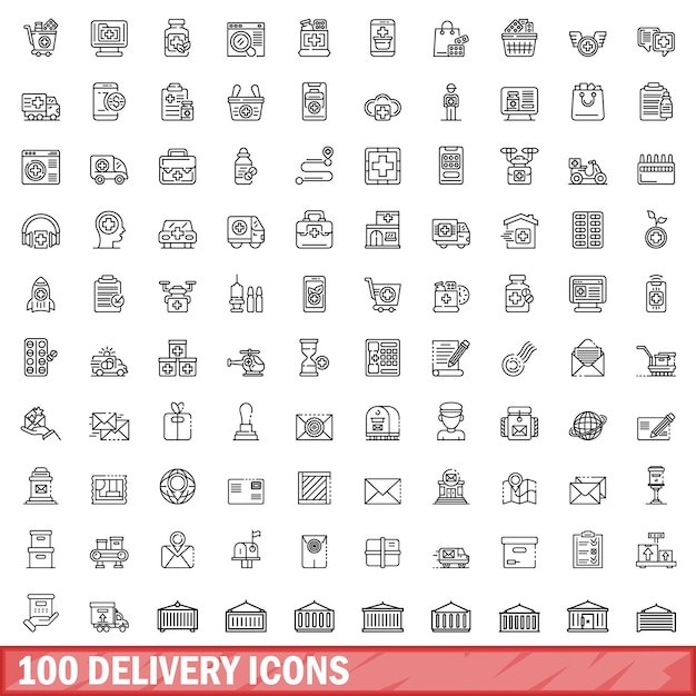 100 delivery icons set outline style