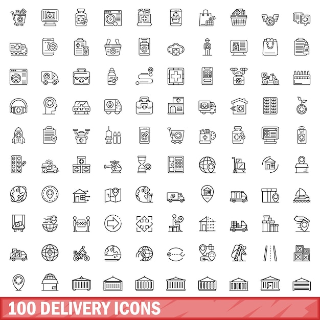 100 delivery icons set outline style