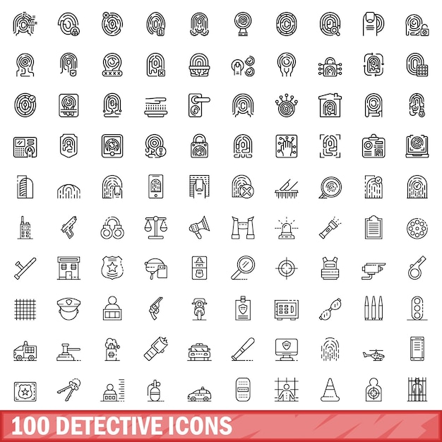 100 detective icons set outline style