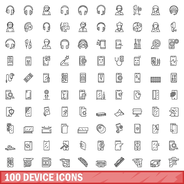 100 device icons set outline style