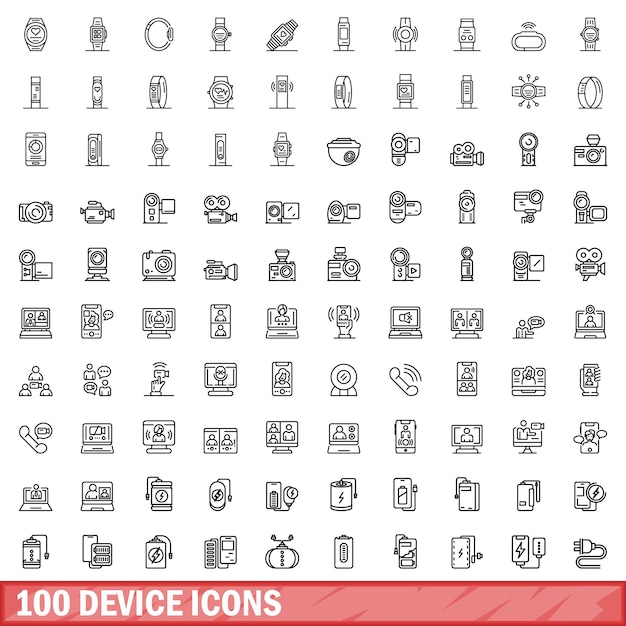 100 device icons set outline style