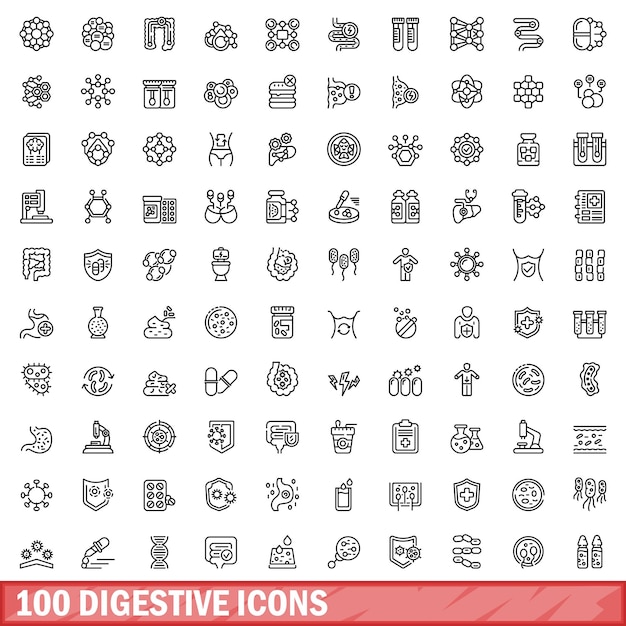 100 digestive icons set Outline illustration of 100 digestive icons vector set isolated on white background