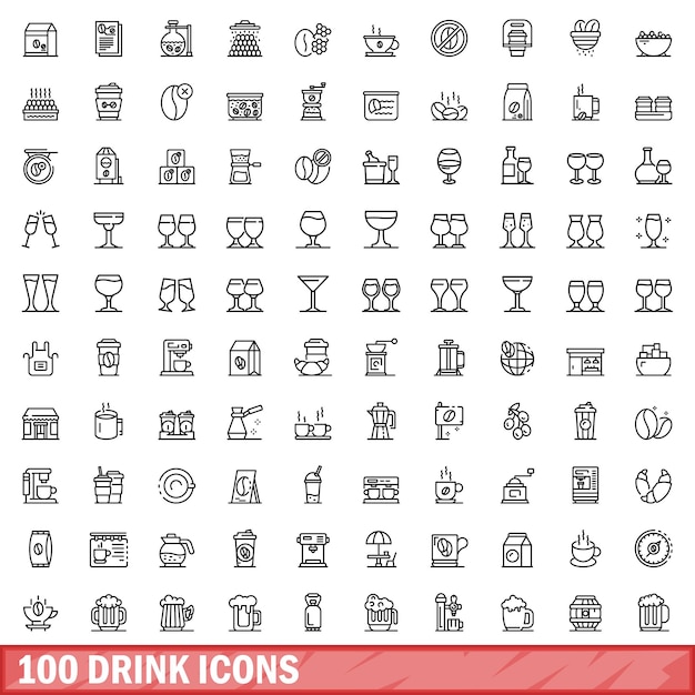 100 drink icons set outline style