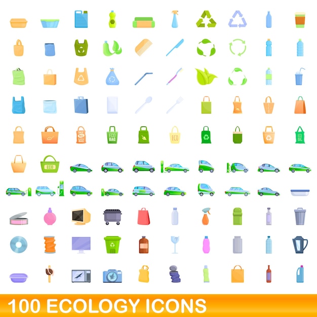 100 ecology icons set. Cartoon illustration of 100 ecology icons vector set isolated on white background