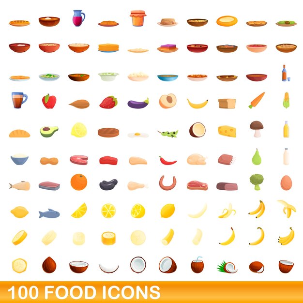 100 food icons set. Cartoon illustration of 100 food icons vector set isolated on white background