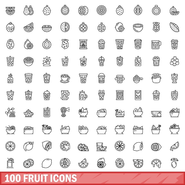 100 fruit icons set outline style