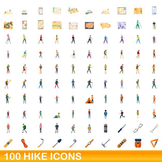 100 hike icons set. Cartoon illustration of 100 hike icons set isolated  