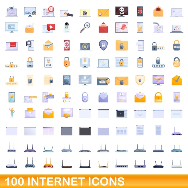 100 internet icons set. Cartoon illustration of 100 internet icons vector set isolated on white background