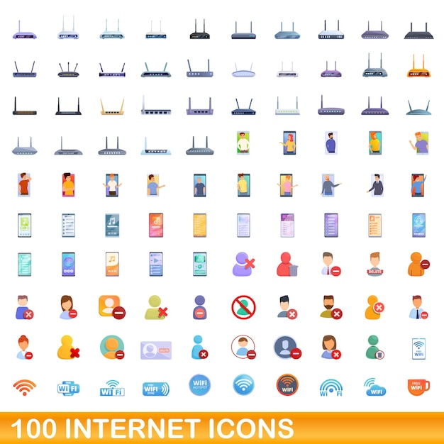 100 internet icons set, cartoon style