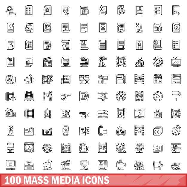 100 mass media icons set outline style