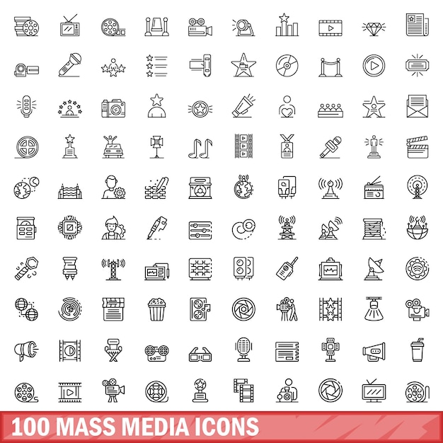 100 mass media icons set outline style