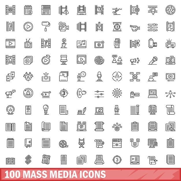 100 mass media icons set outline style