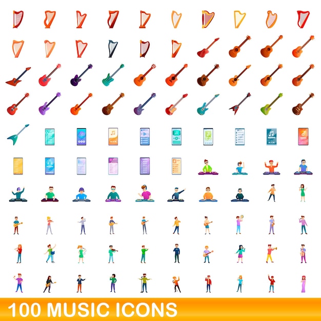 100 music icons set. Cartoon illustration of 100 music icons  set isolated on white background