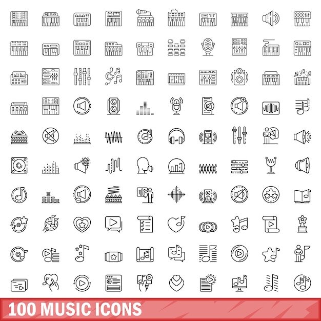 100 music icons set outline style