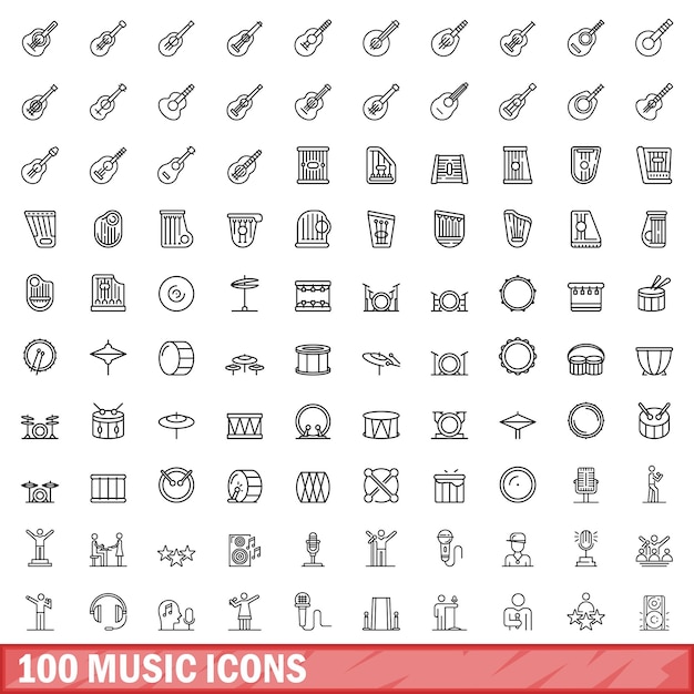 100 music icons set outline style