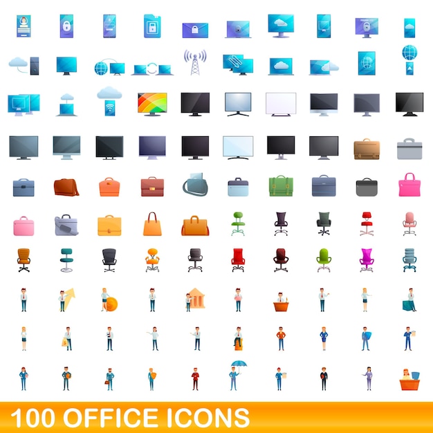 100 office icons set. Cartoon illustration of 100 office icons vector set isolated on white background