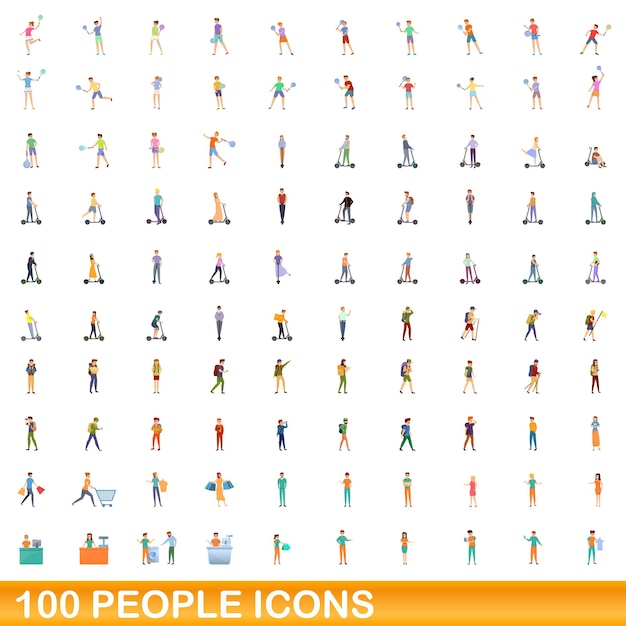 100 people icons set, cartoon style