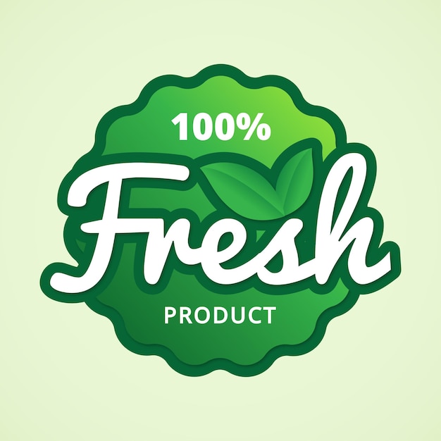 100 percent fresh product sticker label with white script font leaves and green gradation color