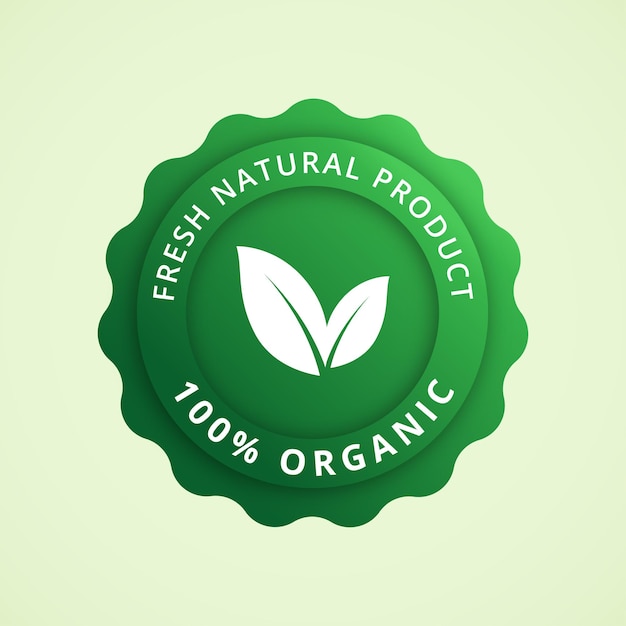 100 percent organic fresh natural product badge medal label or sticker with leaf logo in green