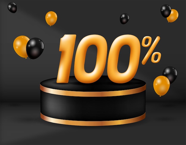 100 percent realistic golden 3d number with podium decoration and balloons isolated on black background vector illustration