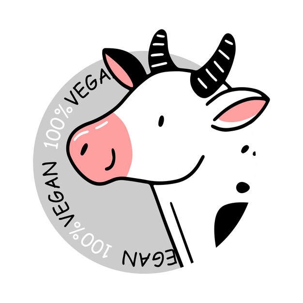 100 percent vegan badge with cute cow in doodle style Vector illustration