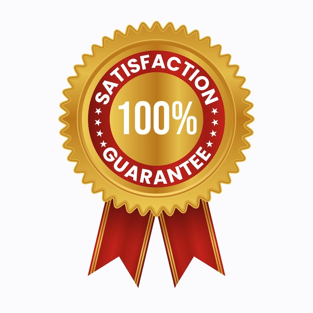 100 satisfaction guarantee label. Gold badge with red ribbon isolated on white background.