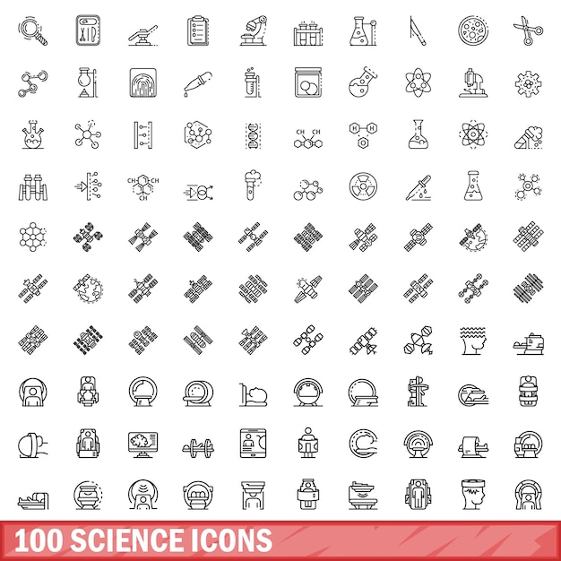 100 science icons set outline style