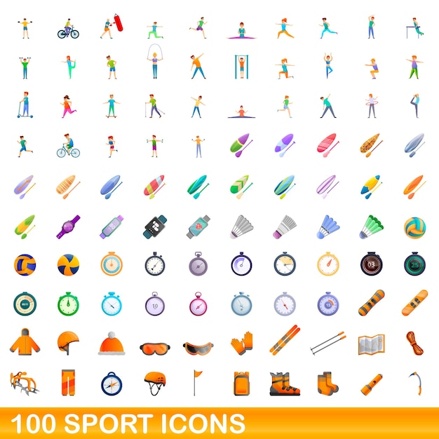 100 sport icons set. Cartoon illustration of 100 sport icons vector set isolated on white background