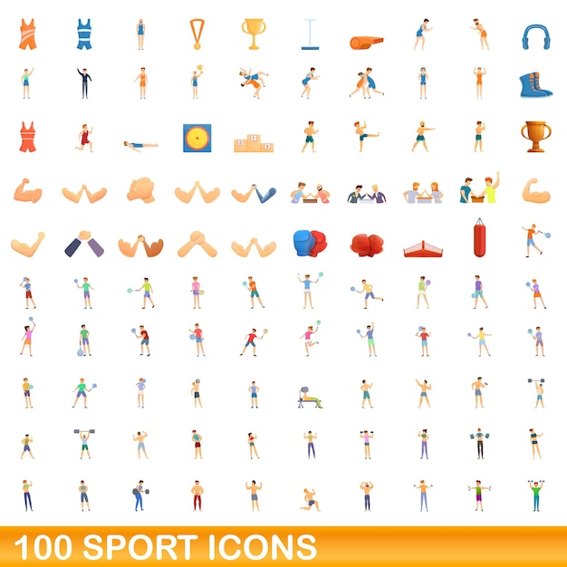 100 sport icons set. Cartoon illustration of 100 sport icons vector set isolated on white background