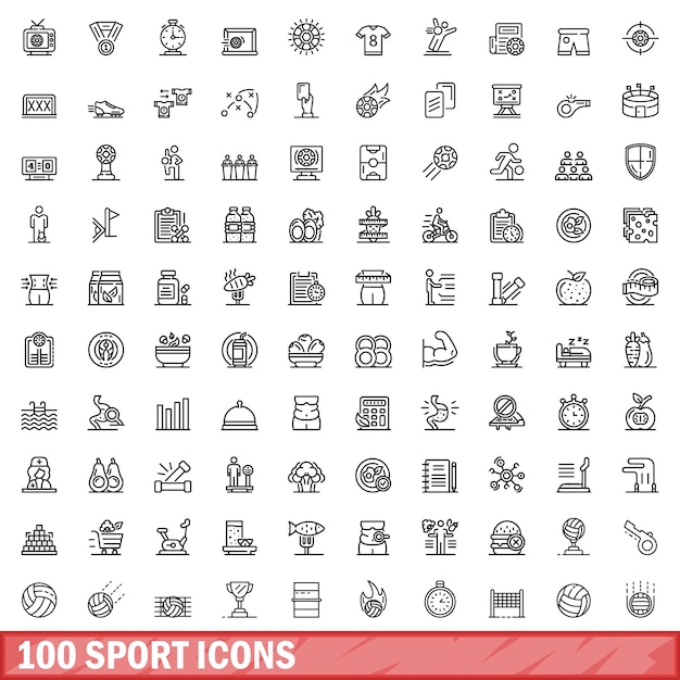 100 sport icons set outline style