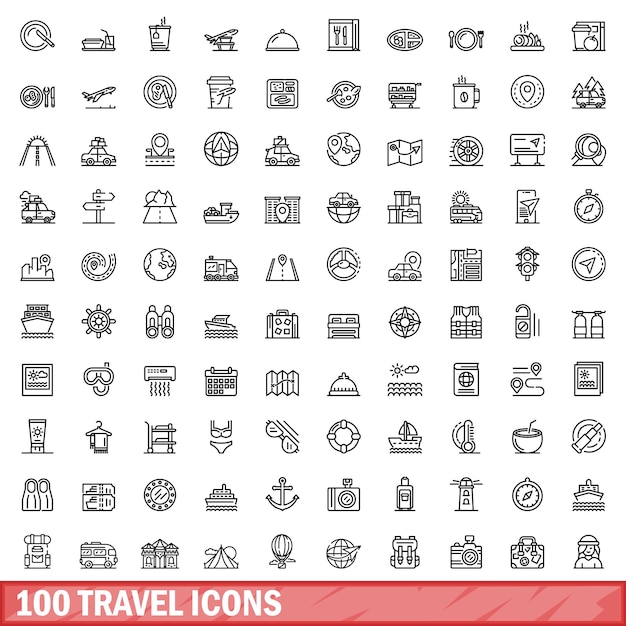 100 travel icons set outline style