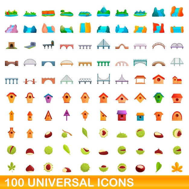 100 universal icons set. Cartoon illustration of 100 universal icons vector set isolated on white background