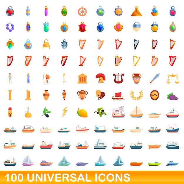 100 universal icons set. Cartoon illustration of 100 universal icons vector set isolated on white background