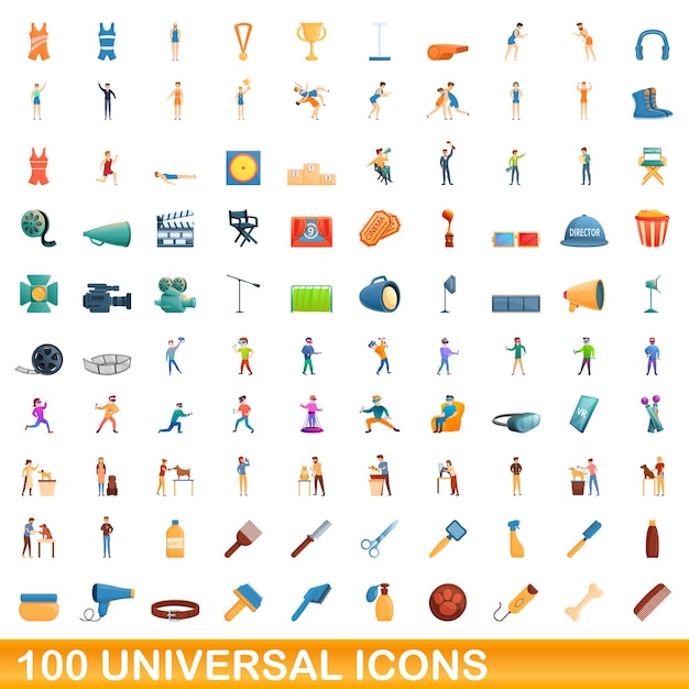 100 universal icons set. Cartoon illustration of 100 universal icons vector set isolated on white background